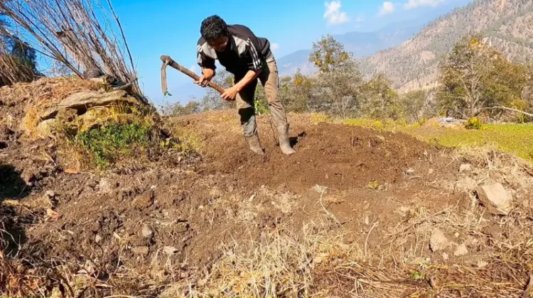 Nepali farmer using Khudalo in mountain field